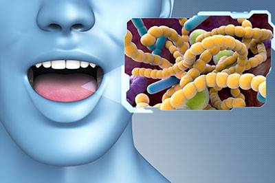 The image features a 3D rendering of a human face with an open mouth, displaying a close-up of bacterial cells against a backdrop of the human skin texture.