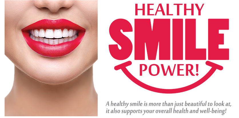 The image features a graphic with a woman s face partially visible from the nose down, wearing red lipstick. Above her lips, there is text that reads  HEALTHY SMILE POWER.  Below her chin, additional text states  SMILE POWER  in a larger font size and includes a tagline that says  MAKE PEOPLE HAPPY.  To the left of the image, there s a smaller graphic with a person s profile showing a smile. The background is white.