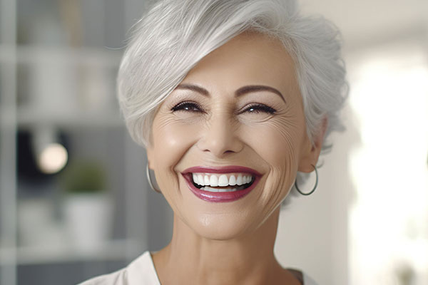 A smiling woman with short hair, wearing makeup and a white top, looking directly at the camera.